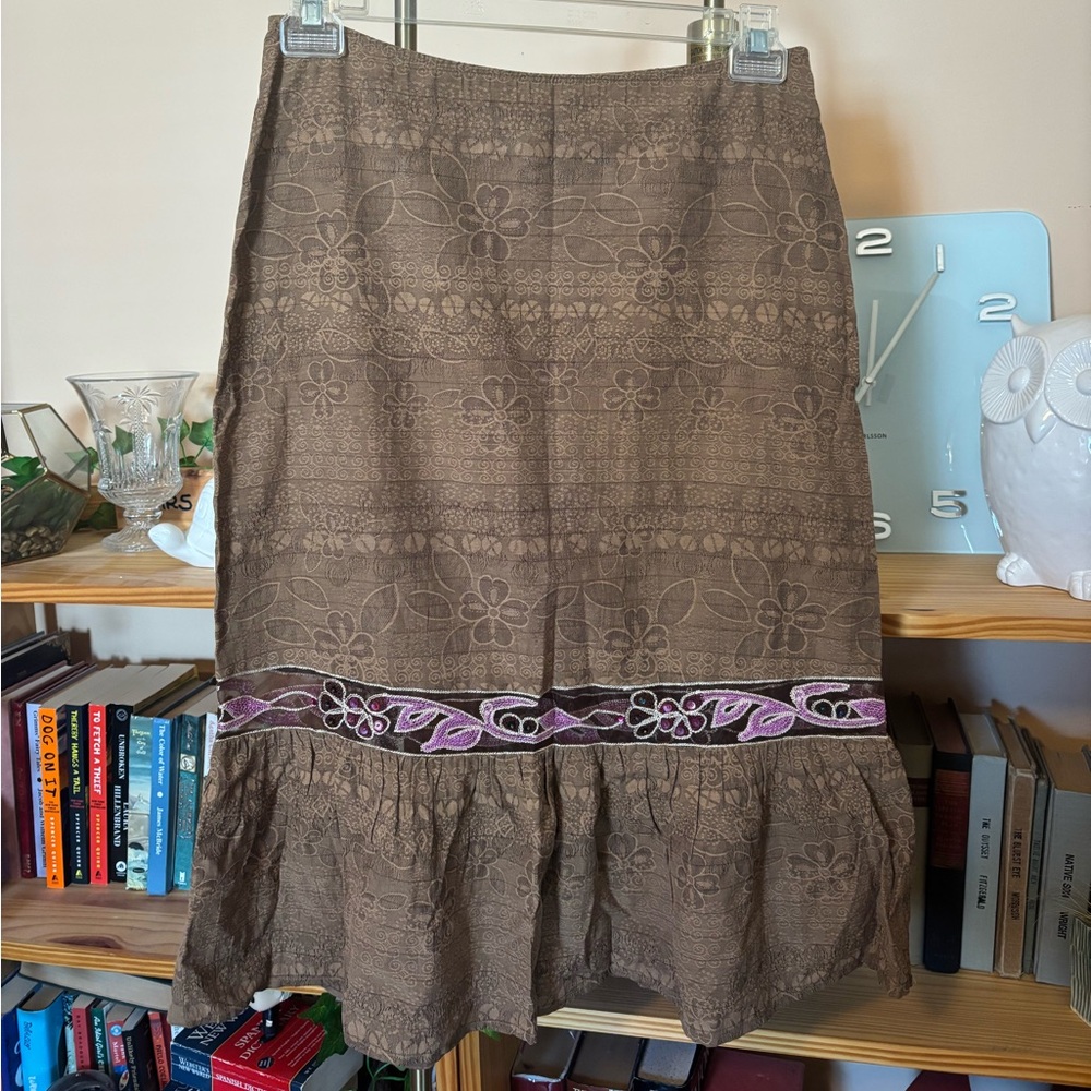 Brown Floral Midi Skirt with Purple Embroidery